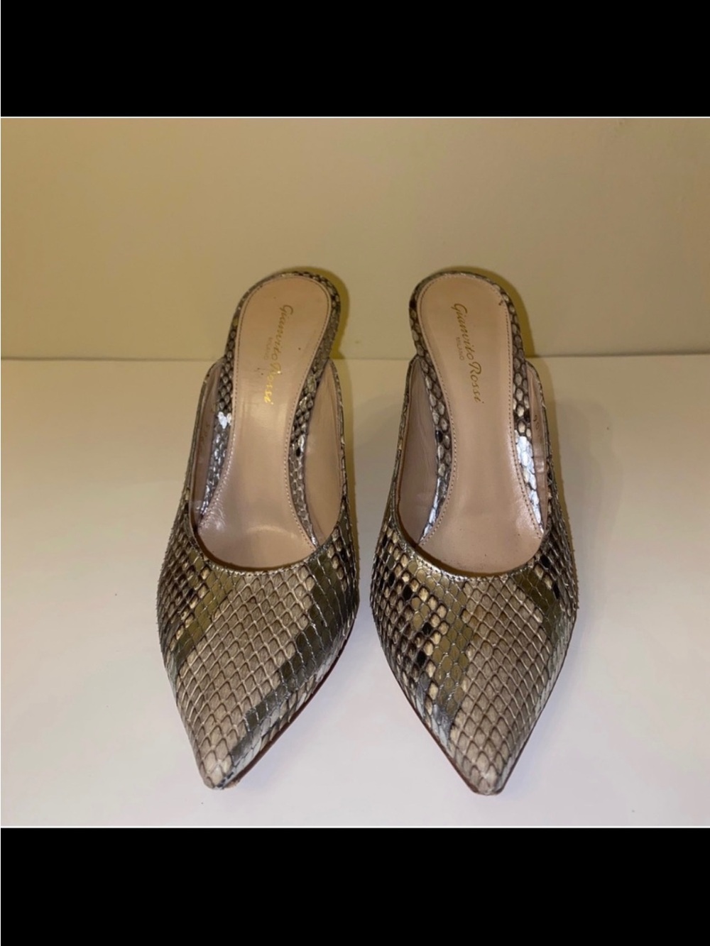 Gianvito Rossi Taupe Snakeskin-Effect Pointed Slip-On Mules